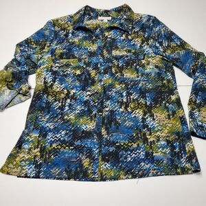 Notations Clothing Company Women L Blouse Blue Green Button Up Adjustable Sleeve